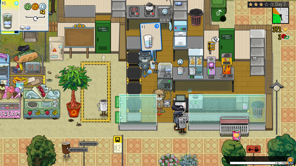 A screenshot of gameplay in Feed the Cups, showing the busy drink shop with customers and preparation stations.