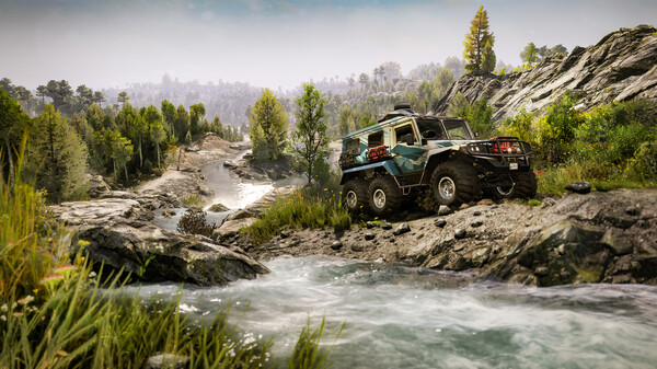 Expeditions: A MudRunner Game gameplay featuring off-road vehicles in rugged terrain.
