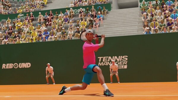 Tennis Manager 2024 PC game logo and cover art showcasing a player in action during a tennis match.