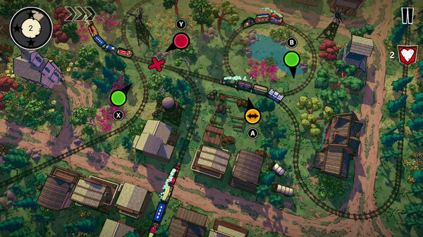 "Train Traffic Manager game screenshot showing trains and environmental challenges."