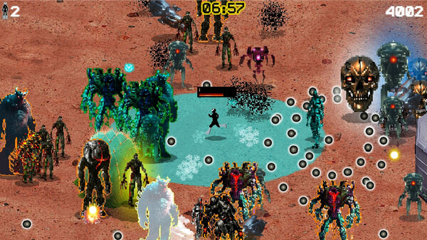 Image: Pixel-art image of Cy fighting hordes of enemies in a cyberpunk setting.